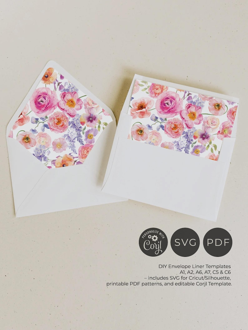 Bright Colorful Flowers Envelope Liner Template, Floral Wedding Envelope Liners Printable, Euro Flap, Square Flap, Digital Instant Download