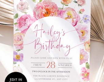 Pink And Orange Floral Birthday Brunch Invitation, Editable Canva Garden Party Invite, Colorful Wildflower Girl Birthday Party Template