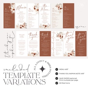 May include: A collection of wedding stationery templates featuring menu cards and thank you notes in terracotta and white. The designs include floral illustrations, calligraphy text, and placeholders for names and dates. The image displays various layout options and lists included features like 4x9 inch sizes and 60 meal icons.