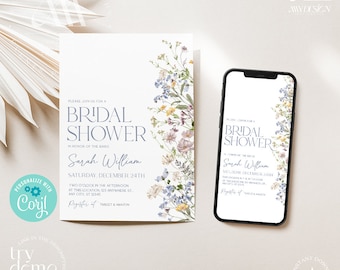 Floral Bridal Shower Evite, Wildflower Bridal Shower Brunch Digital Invitations, Bridal Shower Invite Phone Invitation B031