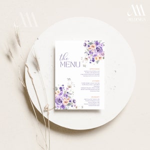 Modelo de menu de chá de bebê roxo, modelo de menu de chá de panela floral Canva, cartão de menu de bebidas de casamento, modelo de menu de aniversário Canva #ACB039