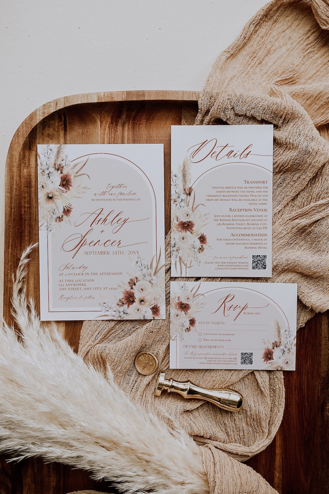 Boho Wedding Invitation Suite, Terracotta Wedding Invite Set Template ...