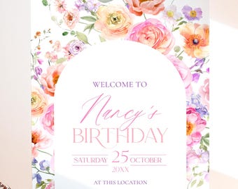 Floral Birthday Welcome Sign Template: Colorful Brunch Poster (Digital Download) A048