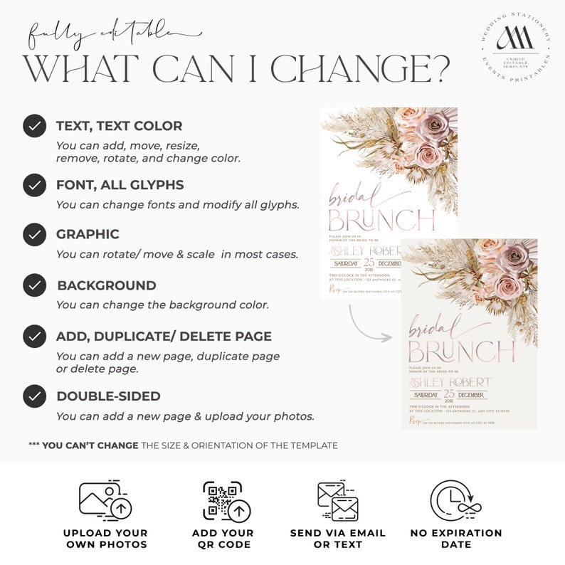 May include: A checklist of what can be changed on a printable bridal brunch invitation template. The template features a floral design with dried flowers and a pink and gold color scheme. The text on the template reads "bridal brunch".