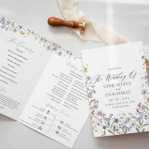 May include: A wedding ceremony program with a floral design. The program includes the order of events, the names of the wedding party, and the date of the wedding. The text reads "The Wedding of Sophie Hooper and David Robert 08/10/20XX Sunday 24th June 20XX At This Location."
