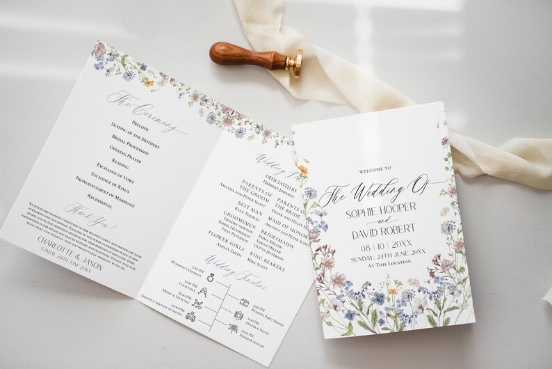 May include: A wedding ceremony program with a floral design. The program includes the order of events, the names of the wedding party, and the date of the wedding. The text reads "The Wedding of Sophie Hooper and David Robert 08/10/20XX Sunday 24th June 20XX At This Location."