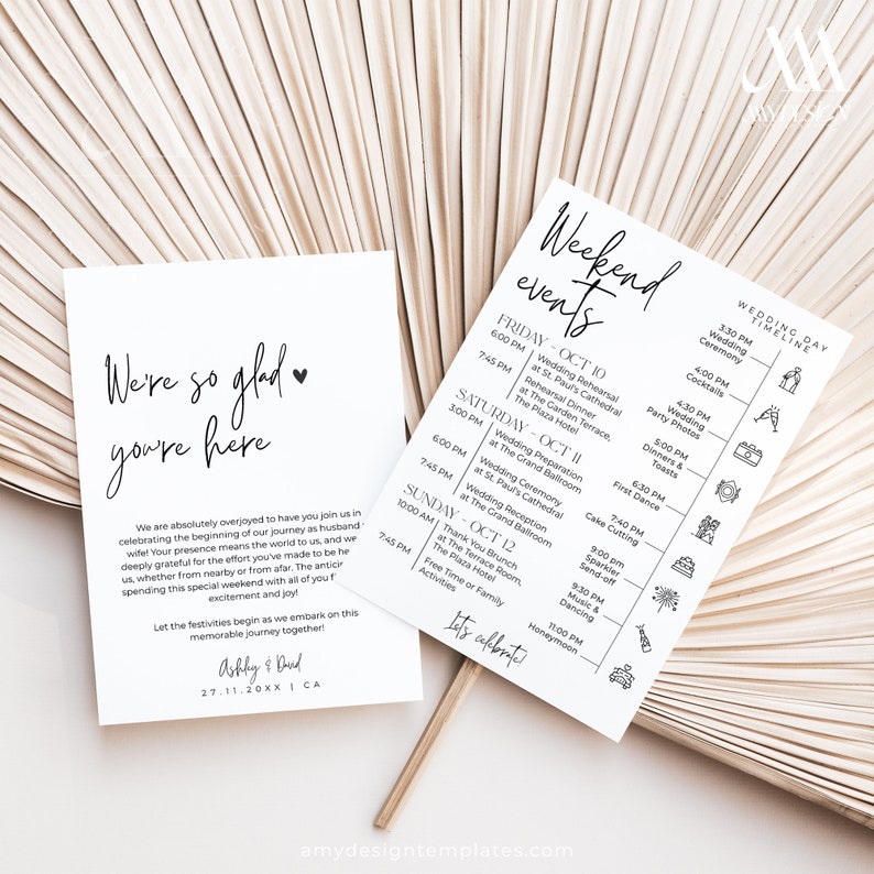 Minimalist Wedding Events Card Template, Weeding Itinerary Template, Wedding Welcome Bag Note, Schedule Events Timeline Editable image 4