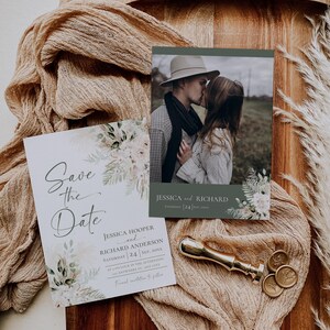 May include: Save the date wedding invitation with a floral design and a photo of a couple kissing. The invitation includes the names Jessica Hooper and Richard Anderson, the date September 24, 20XX, and the time at 1 o'clock in the afternoon. The invitation also includes the text "Save the Date" in a cursive font.