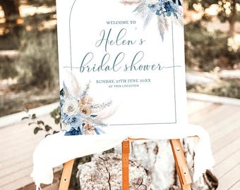 Dusty Blue Boho Brautdusche Willkommensschild, druckbares Blau Boho Shower Signage, bearbeitbares Dusche großes Zeichen Printable Blau Pampas ACB013