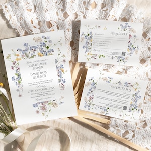 Modelo de conjunto de convites de casamento com flores silvestres, conjunto de convites de casamento com tema de campo, conjunto de convites de casamento minimalistas e modernos, código QR D029