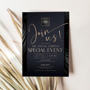 Editable modern business invitation template bundle with over 45 elegant minimalist corporate party cards. Perfect for business dinners, company anniversaries, and networking events. Easy to customize in Corjl.