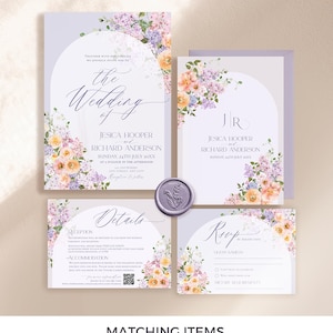 May include: Lilac and peach floral wedding invitation suite with a purple background. The invitation features a semi-circular arch with the text "the wedding of" and the names of the couple. The RSVP card has a space for the guest's name, RSVP options, and dietary requirements.