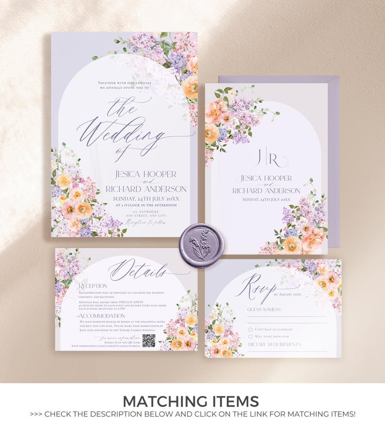 May include: Lilac and peach floral wedding invitation suite with a purple background. The invitation features a semi-circular arch with the text "the wedding of" and the names of the couple. The RSVP card has a space for the guest's name, RSVP options, and dietary requirements.