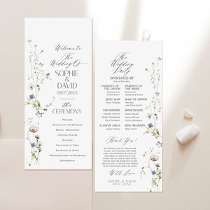 May include: A wedding ceremony program with a floral design. The program includes the names of the bride and groom, Sophie & David, the wedding date, 08.07.20XX, and the order of the ceremony. The wedding party is listed on the right side of the program.