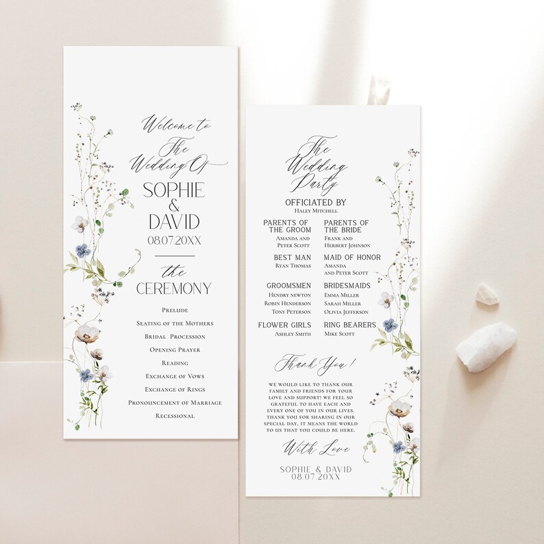 May include: A wedding ceremony program with a floral design. The program includes the names of the bride and groom, Sophie & David, the wedding date, 08.07.20XX, and the order of the ceremony. The wedding party is listed on the right side of the program.