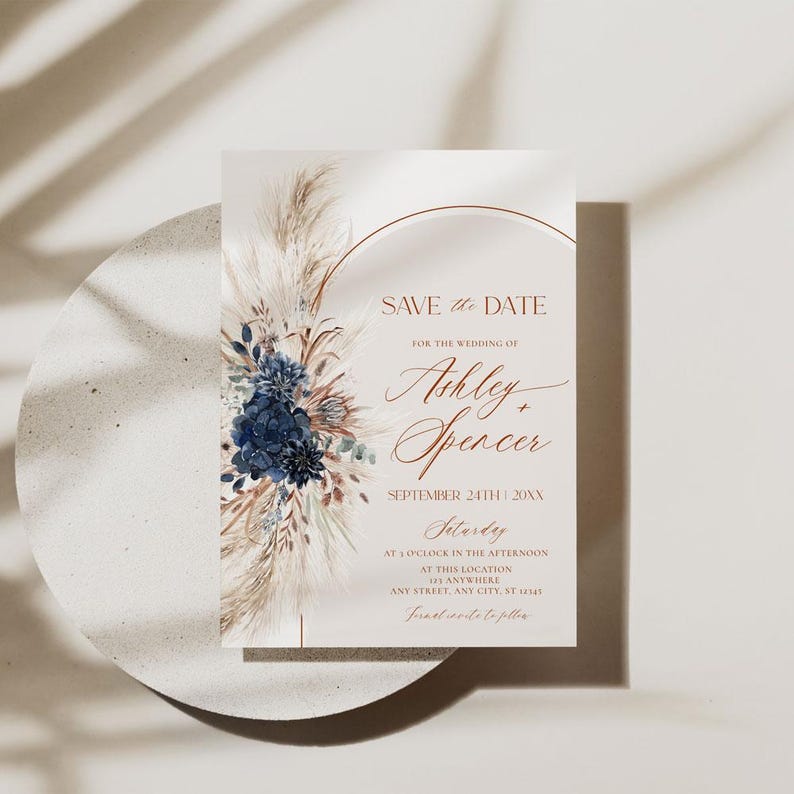Navy Blue Save The Date Template With Photo, Boho Save The Date Card, Bohemian Pampas Rustic Wedding Printable Download E059