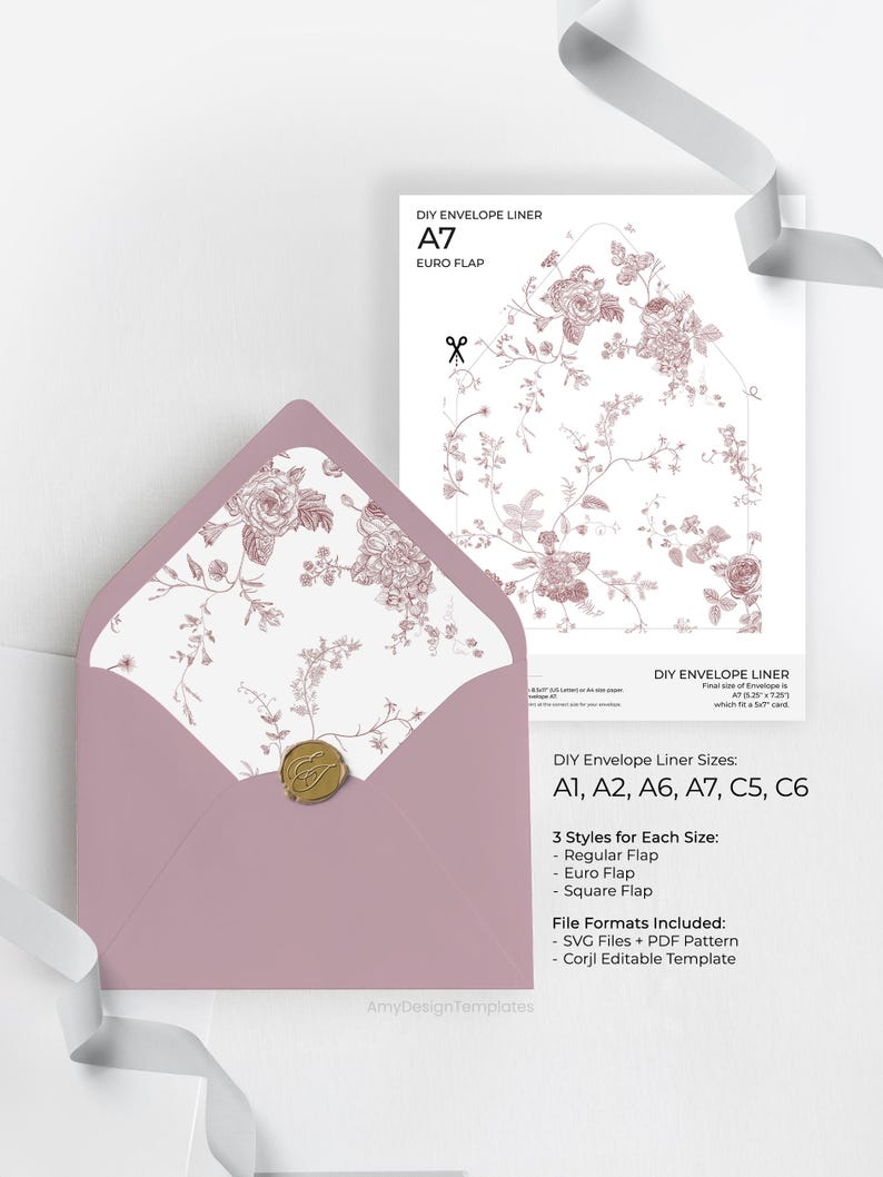 French Toile Envelope Liner Template, Pink Monogram Wedding Envelope Liner Template A1 A2 A6 A7 C5 C6, Digital File SVG, Instant Download