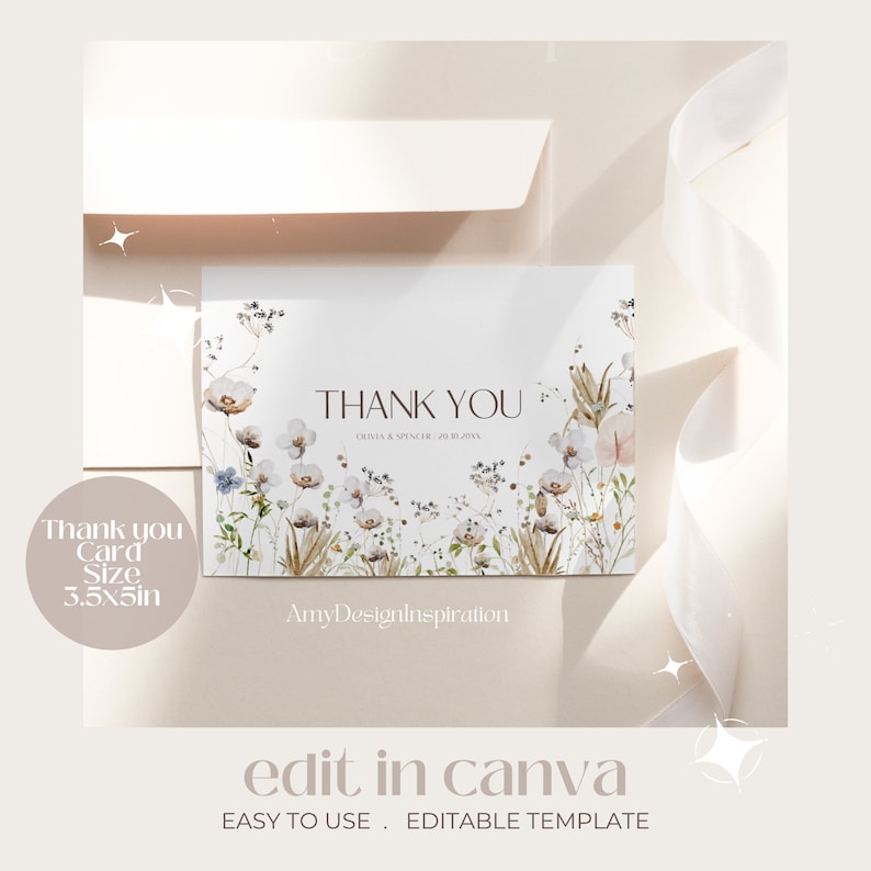 Thank You Card Template Wildflower Favor Card Thank You Gift Etsy