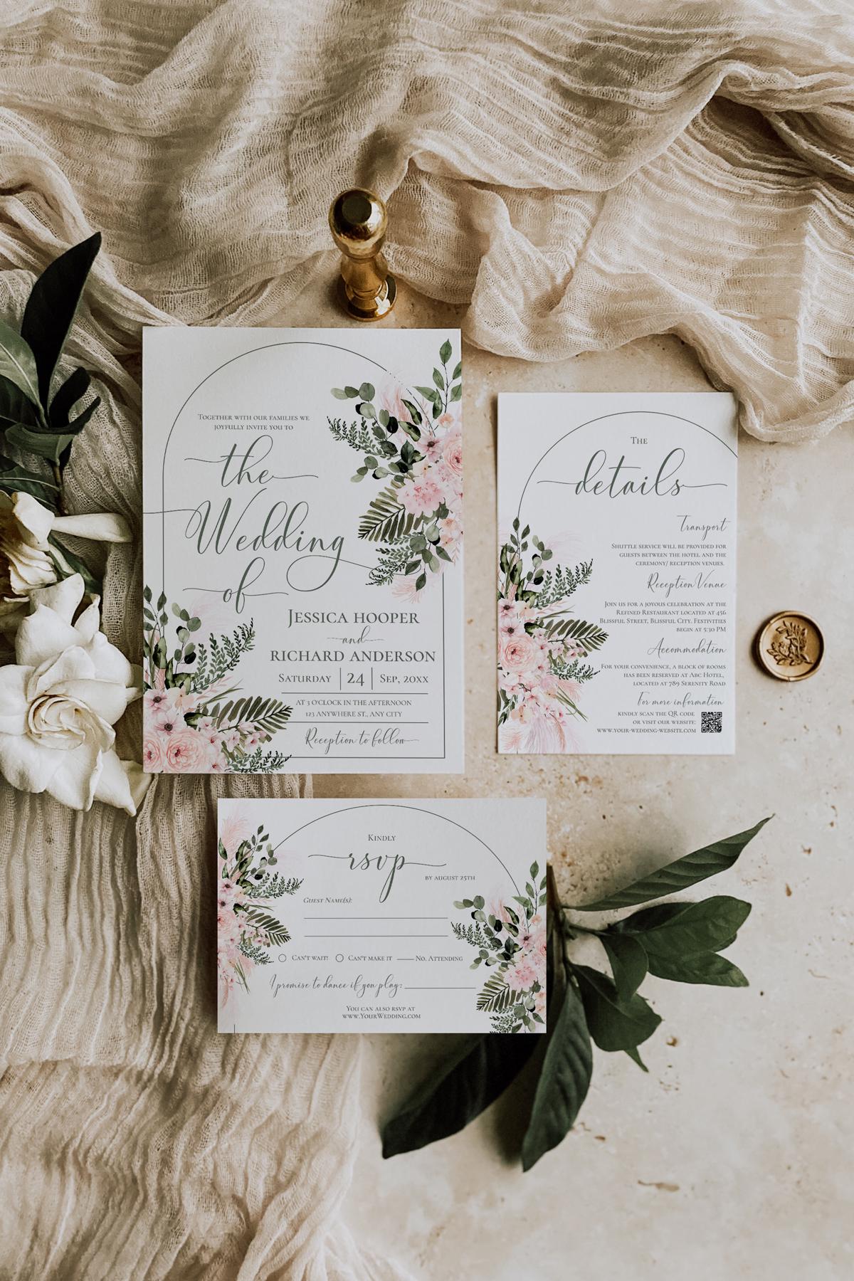 Blush Floral Arch Wedding Invitation Suite, Eucalyptus Greenery RSVP Card, Soft Pink Wedding Set, Botanical Save The Date Card Template