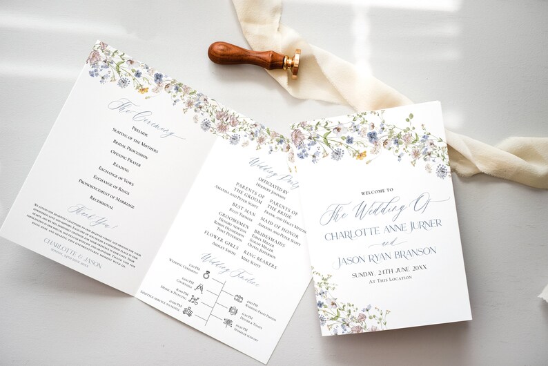 Floral Wedding Program Template Card 4x9, Booklet Wedding Programs, Catholic Wedding Program Template, Order of Service D006
