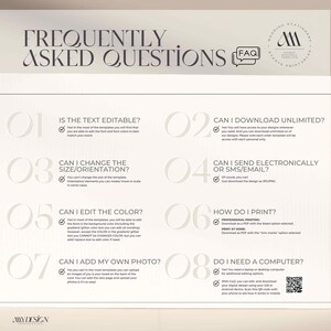 May include: A beige Frequently Asked Questions infographic for wedding stationery templates. It features eight numbered questions and answers regarding text editing, downloads, size, printing, and photo uploads, with a QR code and logo.