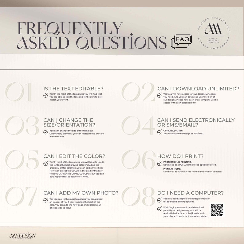 May include: A beige Frequently Asked Questions infographic for wedding stationery templates. It features eight numbered questions and answers regarding text editing, downloads, size, printing, and photo uploads, with a QR code and logo.