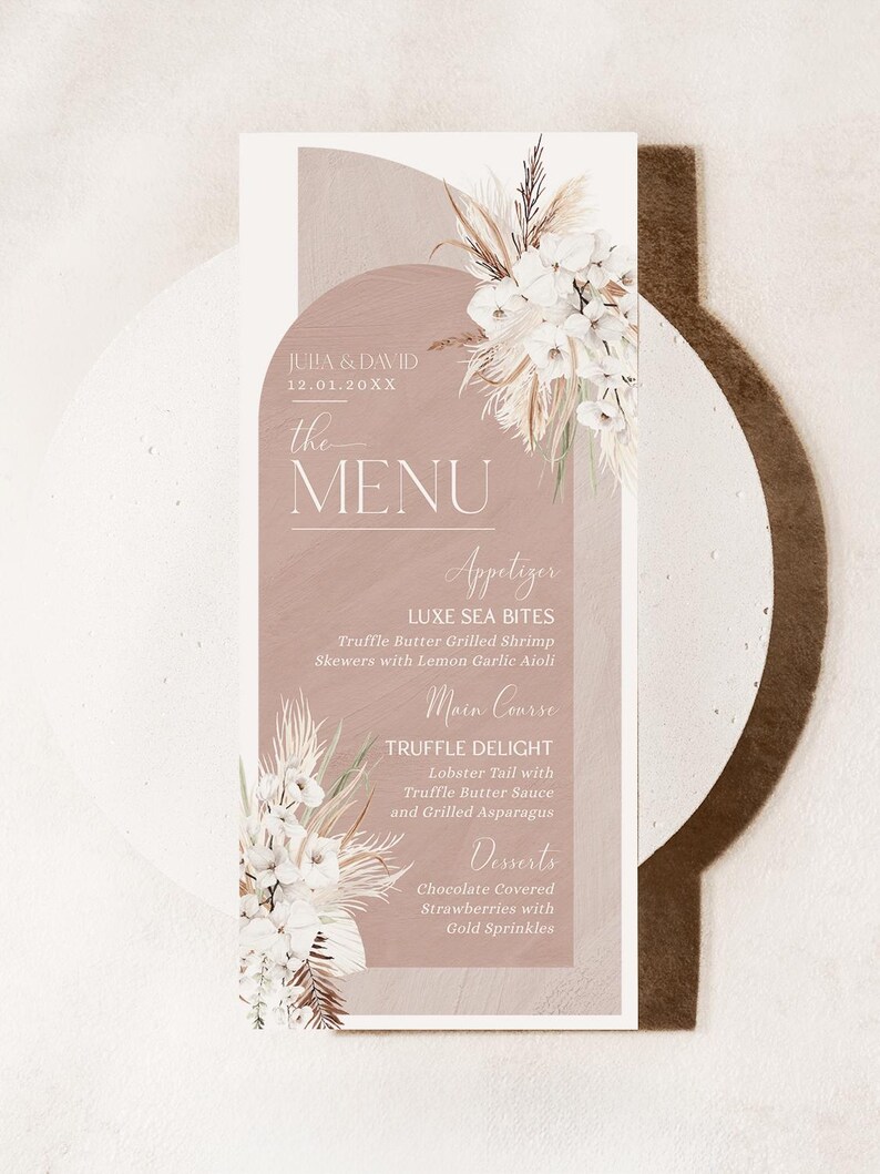 Boho Arched Menu Template, Terracotta Boho Wedding Menu Template, Bohemian Wedding Menu Cards Printable Thank You Place Card Template E029