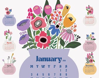 2027 2028 Printable Desk Calendar Template, Floral Vase Calendar SVG PNG PDF, Sunday Monday Start, Cricut Crafts Blank Flower Frame Digital