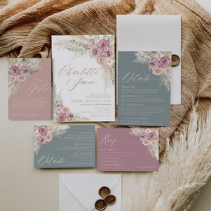 Boho Dusty Rose Wedding Invitation Set: Pampas Grass Mauve Greenery