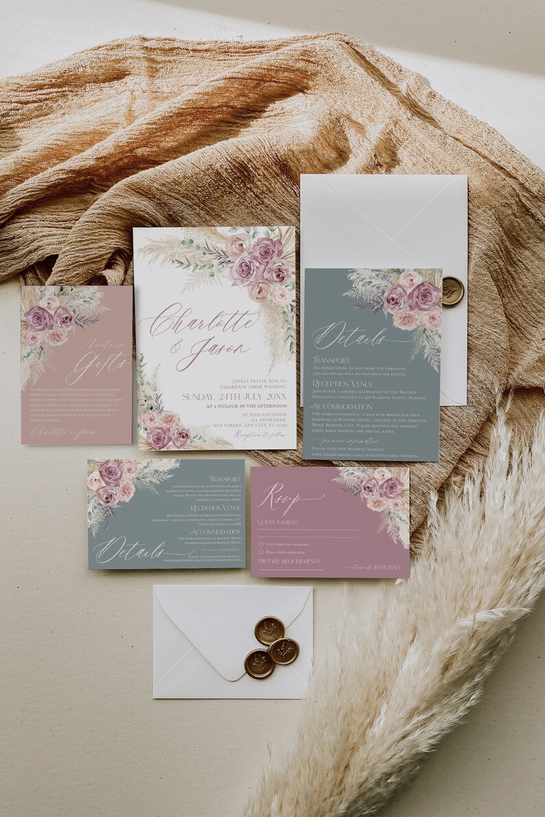Boho Dusty Rose Wedding Invitation Set: Pampas Grass Mauve Greenery