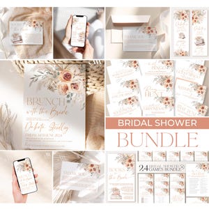 May include: A bridal shower stationery bundle featuring floral arrangements of roses and pampas grass. The set includes invitations, thank you cards, and game cards with text such as Brunch with the Bride, Dakota Steidley, and 24 Bridal Shower Games Bundle.