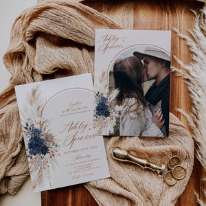 Navy Blue Wedding Invitation Template Boho Wedding Invitation Suite Navy Blue Wedding Invite Set Pampas Bohemian Arched E059