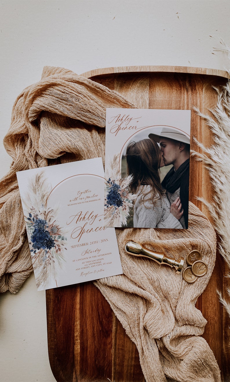 Navy Blue Wedding Invitation Template Boho Wedding Invitation Suite Navy Blue Wedding Invite Set Pampas Bohemian Arched E059