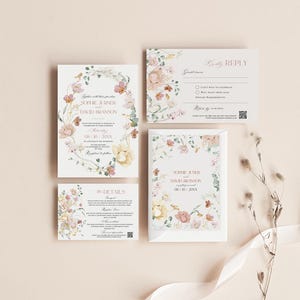 Botanische Hochzeitseinladungs-Vorlage, Blush Pink Hochzeitseinladungs-Set, Wildblumen-Hochzeit laden QR-Code ein Bearbeitbarer Download E074