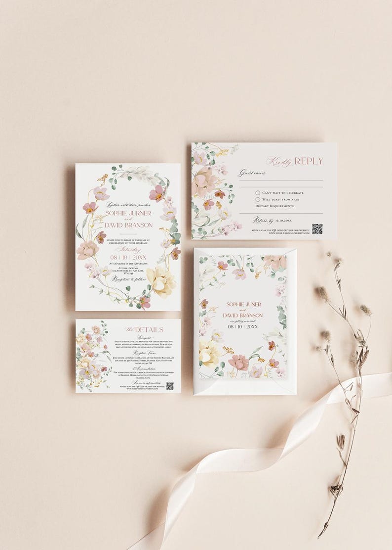 May include: A set of wedding invitations with a floral design. The invitations are white with pink and yellow flowers and green leaves. The text on the invitations reads "Sophie Jurner and David Branson" and "08/10/20XX". The RSVP card has a floral design and the text "Kindly Reply".