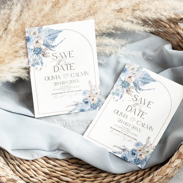 Dusty Blue Save The Date Evite, Blue Save The Date Template, Editable Boho Save the date Card, Instant Download  #217