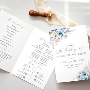 May include: A wedding ceremony program with a blue and white floral design. The program includes the order of events, the names of the wedding party, and the date of the wedding. The text reads "Welcome to The Wedding of Charlotte Anne Turner and Jason Ryan Branson Sunday, 24th June 20XX At This Location."