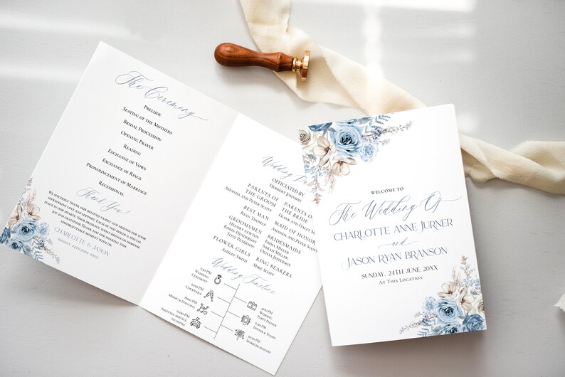 May include: A wedding ceremony program with a blue and white floral design. The program includes the order of events, the names of the wedding party, and the date of the wedding. The text reads "Welcome to The Wedding of Charlotte Anne Turner and Jason Ryan Branson Sunday, 24th June 20XX At This Location."