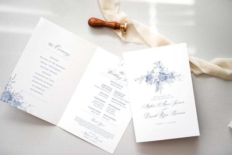 Catholic Wedding Program Template, Something Blue Wedding Programs, Ceremony Program Order of Service Template Download, Monogram Wedding D015