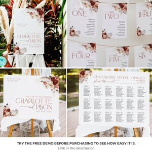 Puede incluir: Un conjunto de carteles de boda que incluye un cartel de bienvenida y planos de mesa con fondos blancos, detalles florales en rojo oscuro y crema, y texto en color cobre que dice Charlotte and Jason, Table One through Six y Our Favorite People.
