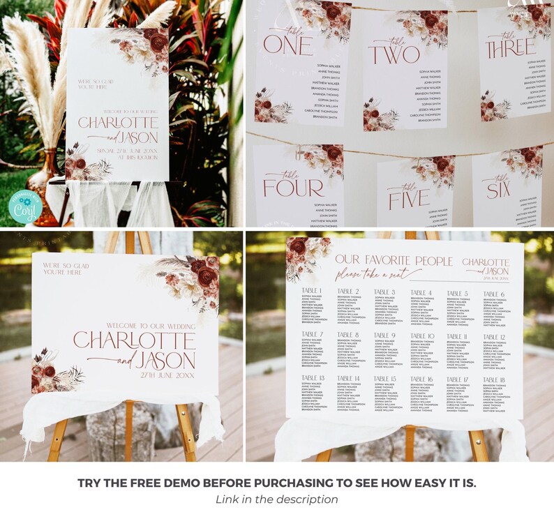 Puede incluir: Un conjunto de carteles de boda que incluye un cartel de bienvenida y planos de mesa con fondos blancos, detalles florales en rojo oscuro y crema, y texto en color cobre que dice Charlotte and Jason, Table One through Six y Our Favorite People.