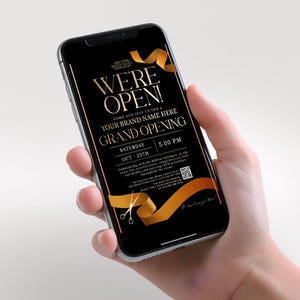 Black White Grand Opening Flyer Template,  Grand Opening Invitation, Golden Ribbon Cutting Events Grand Opening Invite QR Code Minimal C058