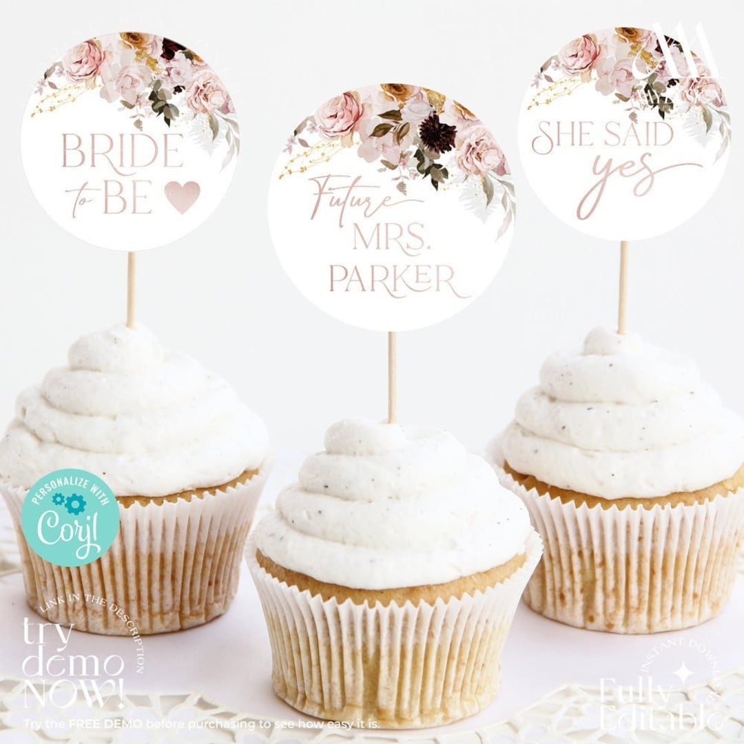 Printable Cupcake Toppers, Floral Bridal Shower Cupcake Topper B009 Etsy