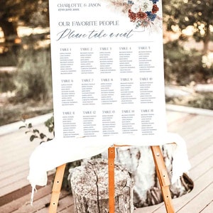 May include: A wedding seating chart with a floral design in shades of blue, red, and white. The chart lists tables 1 through 15 with guest names. The text reads "Charlotte & Jason, 27th June 202X, Our Favorite People, Please take a seat."