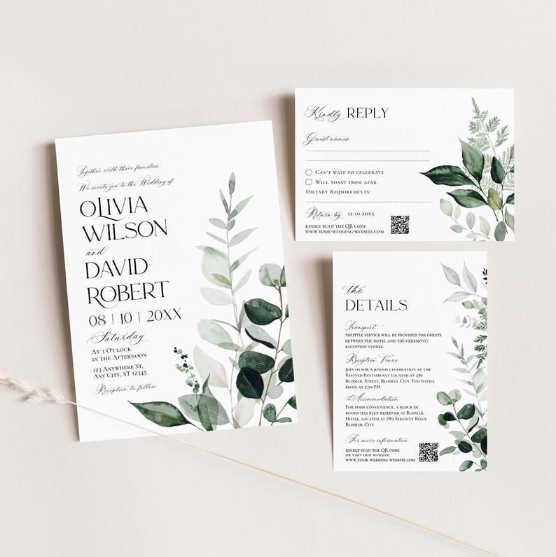 May include: A wedding invitation suite with a white background and green watercolor floral illustrations. The invitation card features the couple's names, wedding date, and time. The RSVP card includes a QR code and space for guests to provide their details. The details card lists the wedding transportation, reception venue, and accommodation information.