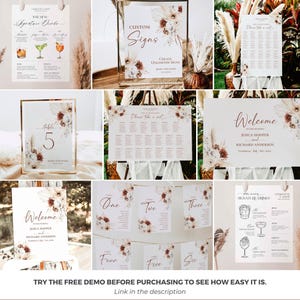 May include: A collection of wedding signage including bar menus, welcome signs, table numbers, and seating charts. Each white sign features floral illustrations in shades of brown and cream, with elegant script and serif typography throughout.