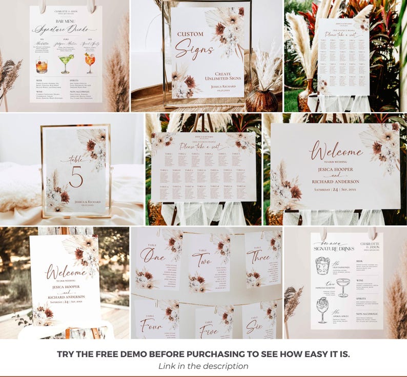 May include: A collection of wedding signage including bar menus, welcome signs, table numbers, and seating charts. Each white sign features floral illustrations in shades of brown and cream, with elegant script and serif typography throughout.