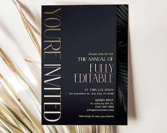 Puede incluir: Una tarjeta de invitación rectangular con fondo azul marino oscuro y texto dorado. El lado izquierdo presenta el texto vertical "YOU'RE INVITED" en letras doradas grandes. El lado derecho incluye "THE ANNUAL OF FULLY EDITABLE" y detalles de RSVP.