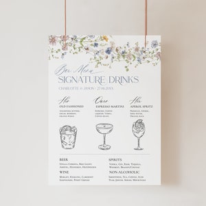Signature Cocktails Sign Template Wildflower Wedding Bar Sign Signature Drink Sign Printable Bar Menu Template Corjl D006