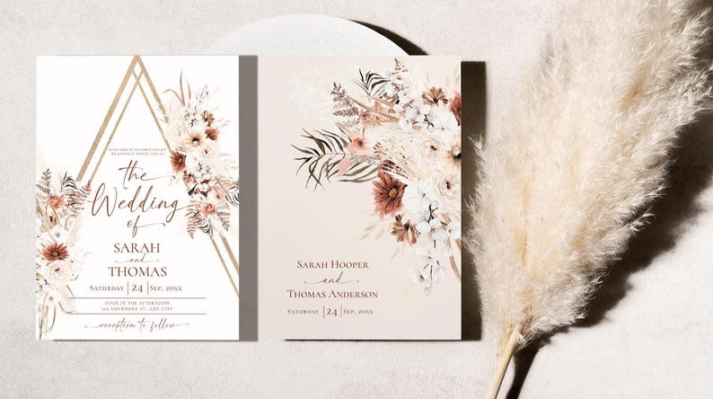 Boho Wedding Invitation Suite Template, Terracotta Wedding Invite QR Code, Elegant Fall Wedding Set Template, Bohemian Rust Terracotta E071